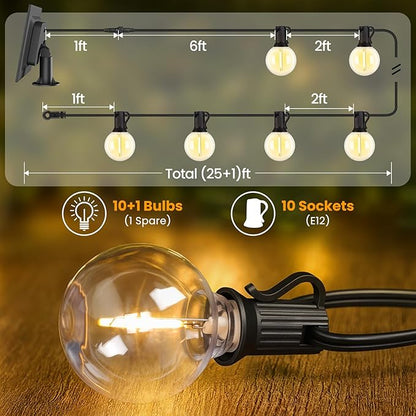 Mlambert 25FT Solar Powered String Lights Outdoor, Waterproof Solar Patio Light String with 10+1 Shatterproof LED G40 Bulbs for Backyard Garden-Black