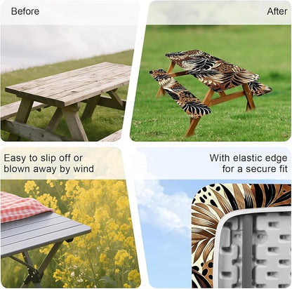 FOREVER QUEEN Picnic Table Cover with Bench Covers 72in,Waterproof Windproof Fitted Tablecloth,Leopard Print with Tropical Leaves Camping Essentials with Drawstring Bag for Patio,Park & Backyard