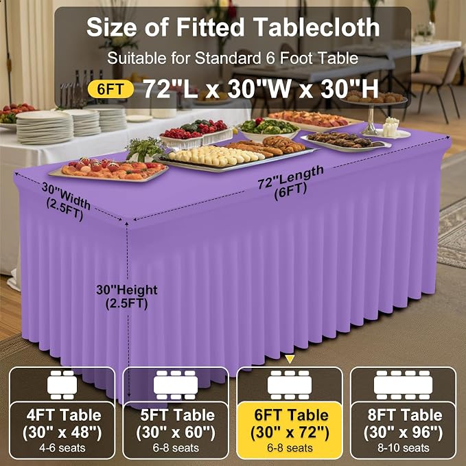 Smiry 2 Pack Spandex Elastic Fitted Table Cloth Skirt for 6FT Table | Stretch Washable Table Cloth, Banquet Table Cover for Wedding, Party, Indoor & Trade Shows, (Lavender, 72Lx30Wx30H)
