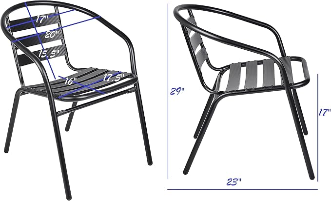 Indoor Outdoor 23.75" Restaurant Stainless Steel Aluminum Metal Slat Stack Commercial Lightweight, 2 Chairs with a Round Table, Silver/Black
