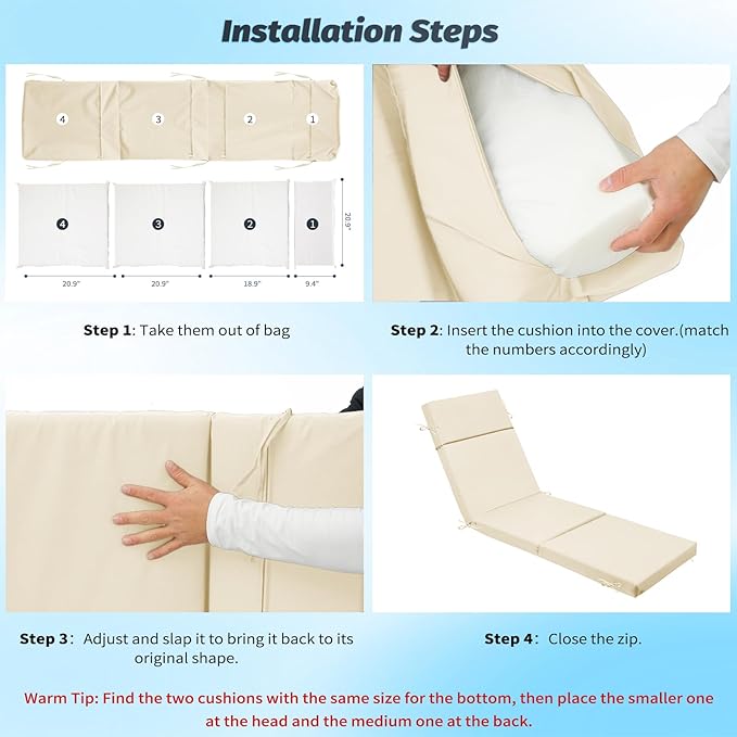 2 Pcs Outdoor Chaise Lounge Cushion 72" x 21" x 3", 4-Section Folding Patio Lounge Chair Cushion with Ties, Waterproof & Fade Resistant Replacement Cushion for Pool, Patio, Deck (Beige, 2 Pcs)