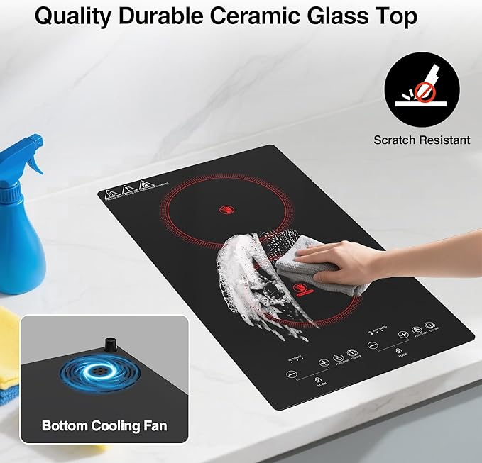 2100W Electric Cooktop 2 Burners 110V, 12" Electric Stove Top Hot Plate with Touch Control, Countertop & Built-in Ceramic Cooktop, Keep-Warm, Timer, Child Safety Lock, Compatible with All Cookware