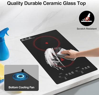 2100W Electric Cooktop 2 Burners 110V, 12" Electric Stove Top Hot Plate with Touch Control, Countertop & Built-in Ceramic Cooktop, Keep-Warm, Timer, Child Safety Lock, Compatible with All Cookware