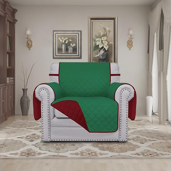 Easy-Going Chair Sofa Slipcover Reversible Sofa Cover Water Resistant Couch Cover Furniture Protector Cover with Elastic Straps for Pets Kids Children Dog Cat (Chair, Green/Christmas Red) | Machine Washable Slipcover For Dogs, Water Resistant Furniture...