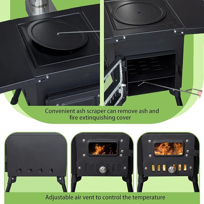 Wood Burning Camping Stove, Portable Cast Iron BBQ Grill Outdoor Cooking with Chimney Pipe, Black Wood Stove for Outdoor Cooking, Camping, Heating, Bonfire & Picnic