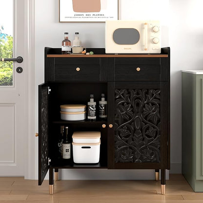 3More Sideboard Buffet Cabinet with Retro Carving Pattern,Kitchen Pantry Storage Cabinet with 1Drawer&2 Doors，Coffee Bar for Living Room,Kitchen,Dining Room,Black