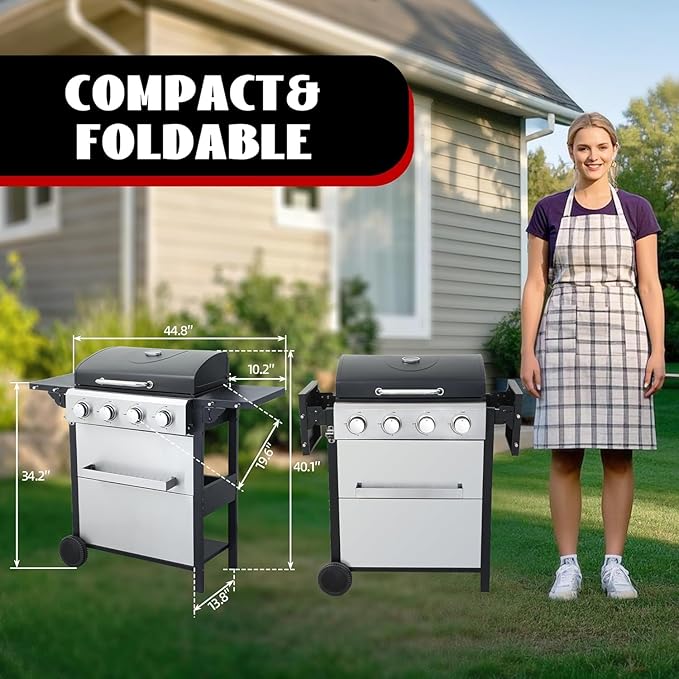 4 Burner Propane Gas Grill, 387 Sq.In Stainless Steel BBQ Grill with Foldable Side Table & Wheels, Portable Outdoor Gas Grill for Backyard Patio Camping, Easy Ignition & Thermometer
