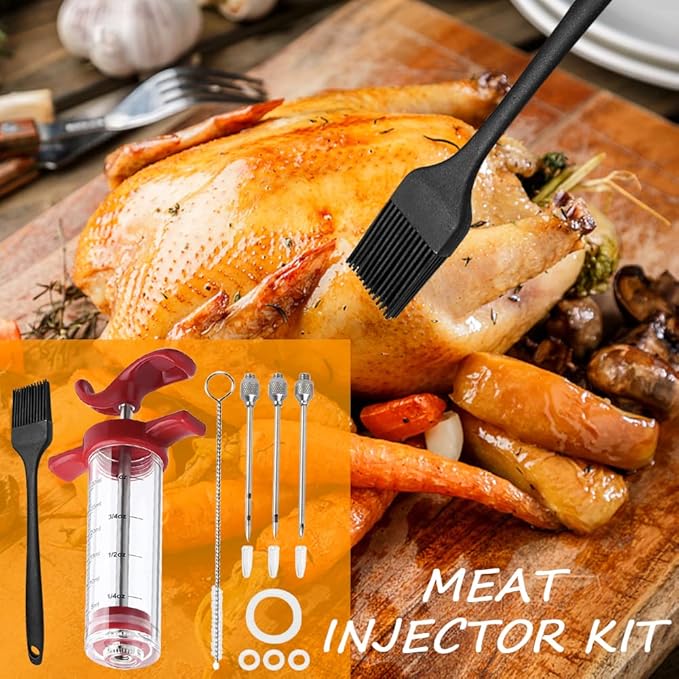 Meat Injector Syring-e Kit,3 Needles Porous Turkey Injector for Meats with Cleaning Brush,Marinade Injector Syring-e for BBQ Grill with Black Oil Brush Easy to Use and Clean