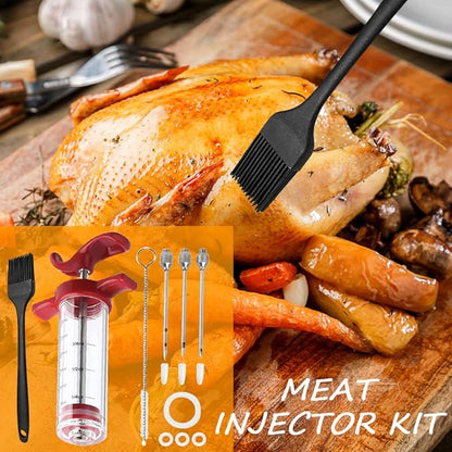 Meat Injector Syring-e Kit,3 Needles Porous Turkey Injector for Meats with Cleaning Brush,Marinade Injector Syring-e for BBQ Grill with Black Oil Brush Easy to Use and Clean