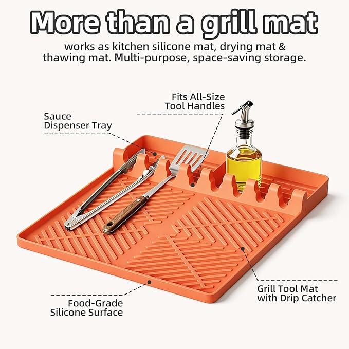 Silicone Grill Mat Compatible with Blackstone Griddle Accessories, Extra-Thick Griddle Tools & Spatula Mat with Drip Pad for Side Shelf, Outdoor BBQ Utensil Holder, Gifts for Men (Orange)