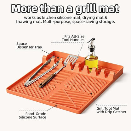 Silicone Grill Mat Compatible with Blackstone Griddle Accessories, Extra-Thick Griddle Tools & Spatula Mat with Drip Pad for Side Shelf, Outdoor BBQ Utensil Holder, Gifts for Men (Orange)