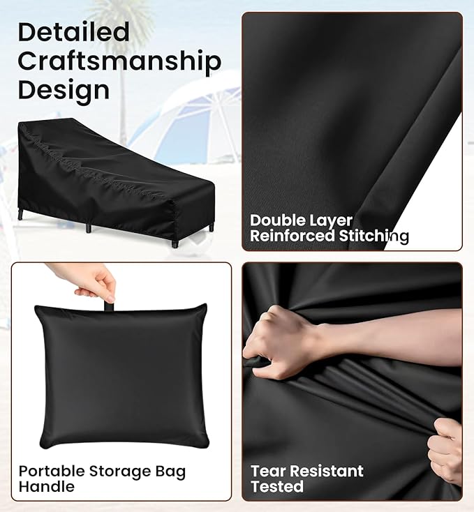 Chaise Lounge Cover 2 Pack Heavy Duty Patio Furniture Covers with Storage Bag, Buckles & Drawstring Outdoor Lounge Chair Covers Waterproof & UV Resistant All-Season Protection 82 x 29 x 31 Inch Black