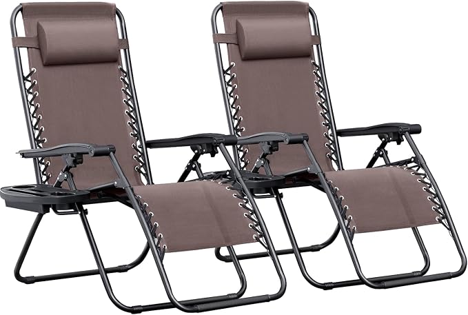 Greesum Zero Gravity Chairs Set of 2 Adjustable Steel Mesh Recliners Beach Deck Lawn Camping Patio Foldable Lounge Chair with Cup Holder Trays and Pillows,Brown