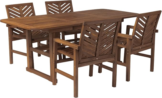 Walker Edison 4-6 Person Outdoor Wood Chevron Back Patio Furniture Dining Set Extendable Table Chairs All Weather Backyard Conversation Garden Poolside Balcony, 5 Piece, Dark Brown