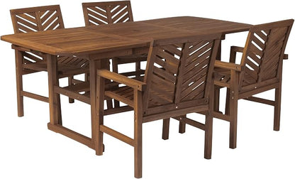 Walker Edison 4-6 Person Outdoor Wood Chevron Back Patio Furniture Dining Set Extendable Table Chairs All Weather Backyard Conversation Garden Poolside Balcony, 5 Piece, Dark Brown