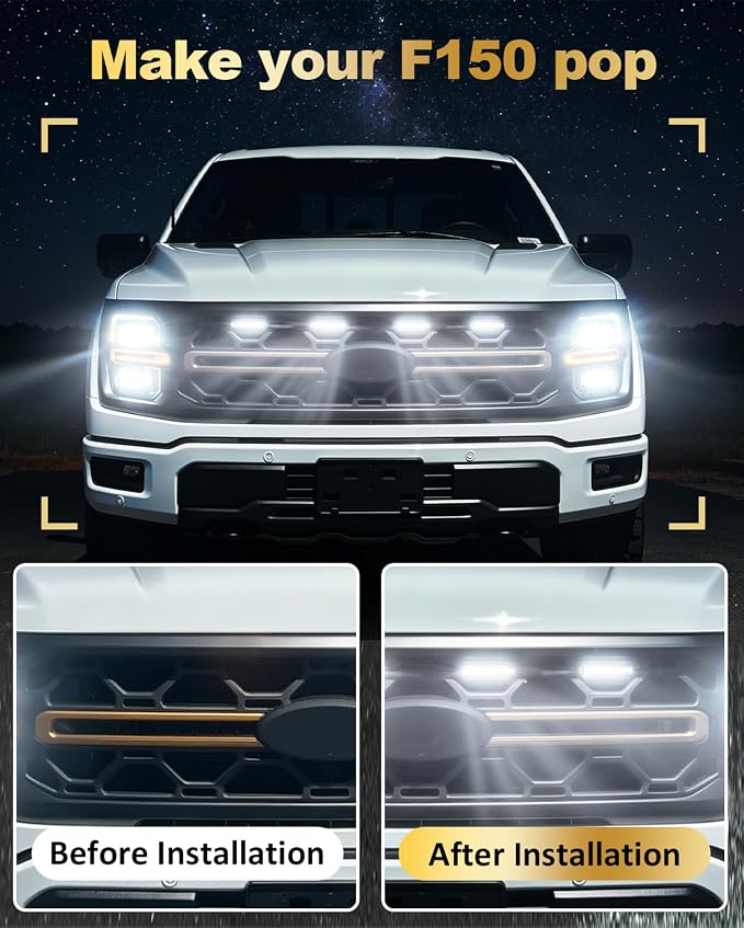 Front Grill Raptor Lights for Ford F150 2024 2025 2026 (White, Tremor) | 5th Gen F150 Grille Marker Lights, Waterproof F150 LED Lights Accessories, Snap-in Installation, OEM Style, Off-road Driving