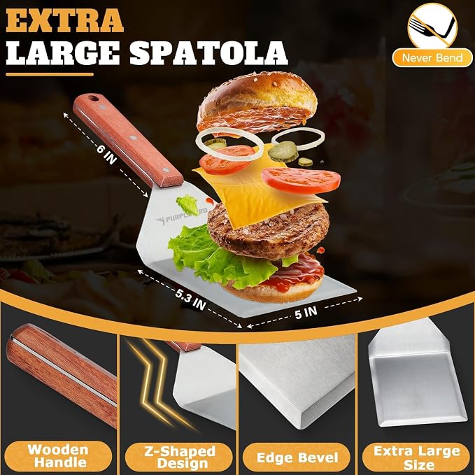 PURPLEBIRD Smash Burger Press Kit 3PCS Set, Stainless Griddle Spatulas Set | Professional Burger Smasher for Griddle, Heavy Duty Grill Press for Smash Burgers BBQ Grilling, Christmas Gifts for Men