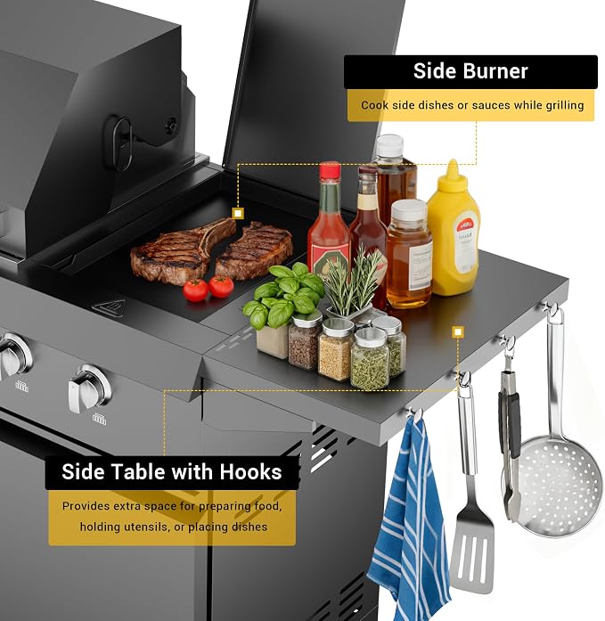 CT Copper Tailor 83-inch Outdoor Kitchen BBQ Gas Grill Island, 6 Main Burners, Infrared Rear & Side Burner,99,000 BTU, Stainless Steel, Foldable Side Table with Natural Gas Kit