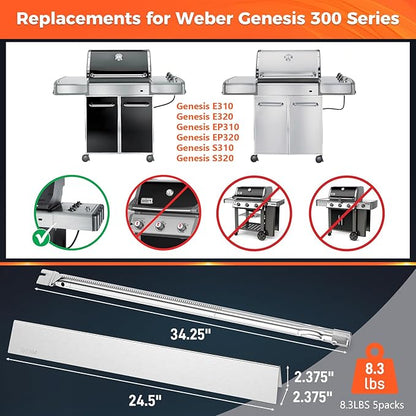 Grill Parts for Weber Genesis 300 Series Grills with Side Controls Knobs, Genesis E/S310 E/S320 EP310 EP320 (2007-2010), 304 Stainless Steel Grill Burner, 24.5" Flavorizer Bars for Weber 67722 67820