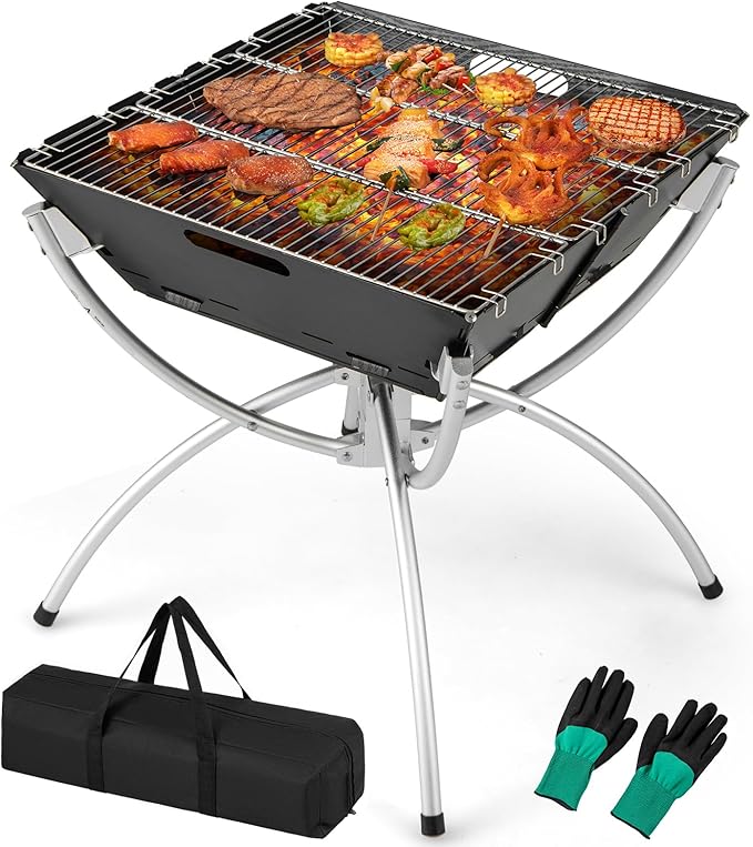 Giantex Folding Campfire Grill, Camping Grill with Stainless Steel Grates, Collapsible Aluminum Legs, Carry Bag, Portable Firewood Barbecue Grill for Backpacking Road Trips Outdoor Cooking