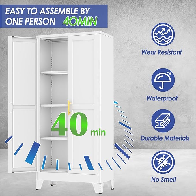 61" Metal Garage Storage Cabinet with 2 Doors and 3 Adjustable Shelves,Metal Storage Cabinets,Steel Tool Cabinets for Home,Office,Garage,Warehouse(White, 61''H x 27''W x 14''D)
