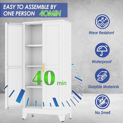 61" Metal Garage Storage Cabinet with 2 Doors and 3 Adjustable Shelves,Metal Storage Cabinets,Steel Tool Cabinets for Home,Office,Garage,Warehouse(White, 61''H x 27''W x 14''D)