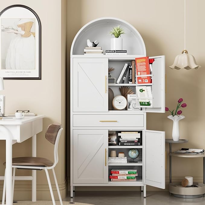 72.8" White Metal Arched Pantry Cabinet with Drawer, Tall Kitchen Storage Cabinet with 3 Adjustable Shelves, Door Storage, Magnetic Closure & Anti-Tip Kit, White, Assembly Required