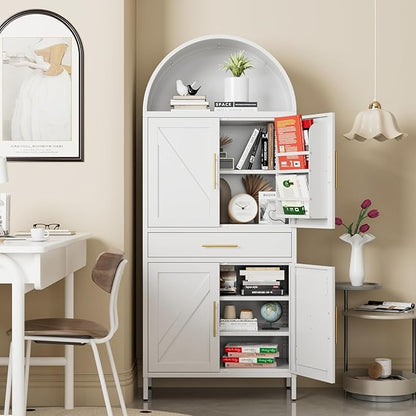 72.8" White Metal Arched Pantry Cabinet with Drawer, Tall Kitchen Storage Cabinet with 3 Adjustable Shelves, Door Storage, Magnetic Closure & Anti-Tip Kit, White, Assembly Required