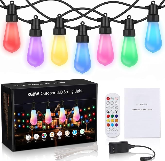 50FT Outdoor String Lights, 20 RGBW Patio Lights, App & Remote | 20 ST48 milk white bulbs with RGBW color changing light, timer and music sync for patio, porch, balcony, backyard decor