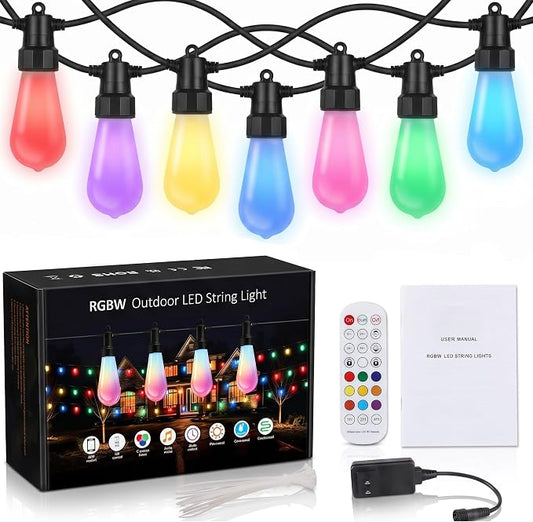 100FT Outdoor String Lights, 2x50FT RGBW Patio Lights, App & Remote | 2x50FT connected design with 40 ST48 milk white bulbs, RGBW color changing light, timer and music sync for large patio decor