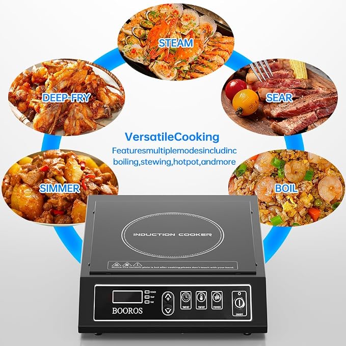 BOOROS Portable Induction Cooktop, 9.6" Heating Coil with 8" Core, 1800W | Induction Burner Countertop ,10 Temp Levels 175-520°F, 24H Timer & Preset, Overheat Protection for Commercial & Home Use