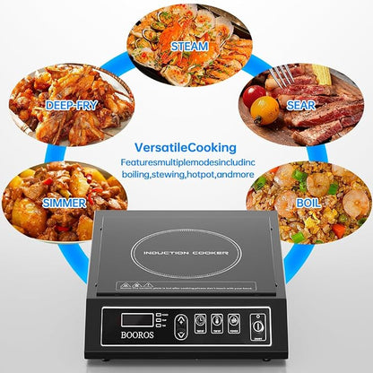 BOOROS Portable Induction Cooktop, 9.6" Heating Coil with 8" Core, 1800W | Induction Burner Countertop ,10 Temp Levels 175-520°F, 24H Timer & Preset, Overheat Protection for Commercial & Home Use