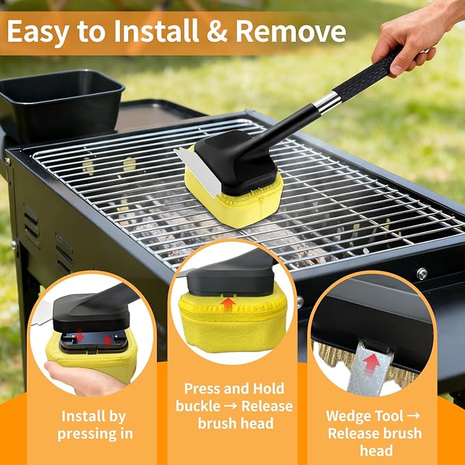 5Pcs Grill Brush for Outdoor Grill, w/Bristle Free BBQ Scraper | Grill Brush Set with Steam/Steel/Plastic/Scour Heads & 20.47" Handle, Safe for Cast Iron, Stainless Steel, Porcelain Grates