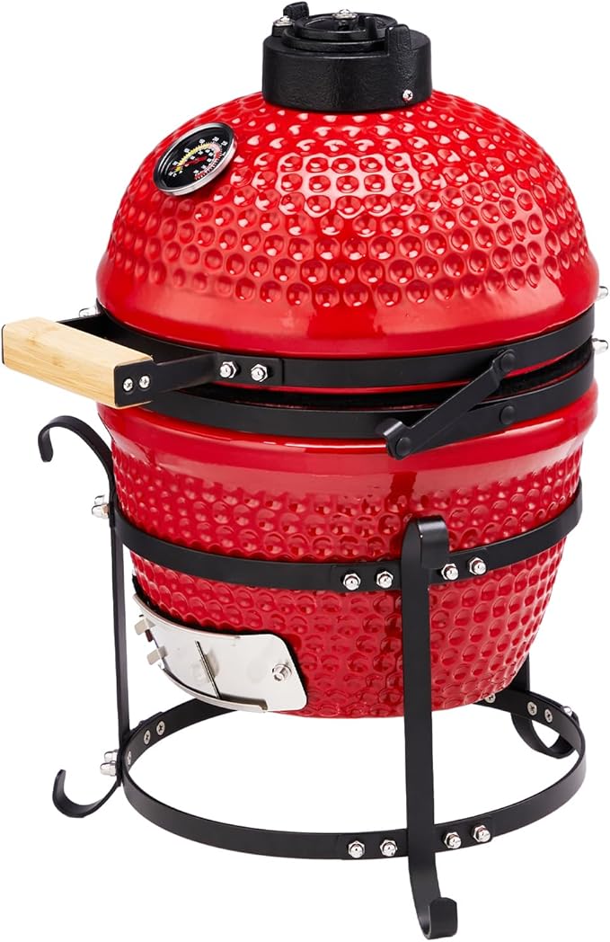 13" Grill with Built-in Thermometer, Cast Iron Grates, Bamboo handle, Portable Ceramic Grill with Low Stand for Backyard, Patio, Deck grilling (Red)