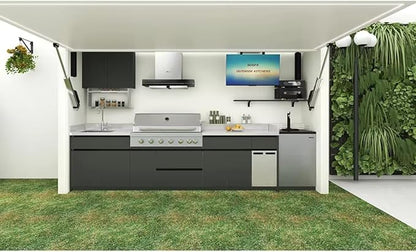 Prefab Modular Outdoor Kitchen, Stainless Steel BBQ Kitchen Island with Integrated Grill, Oven, Refrigerator and Washing Sink, Automatic Lift Door & LED Lights for Patio Backyard Outdoor Entertaining