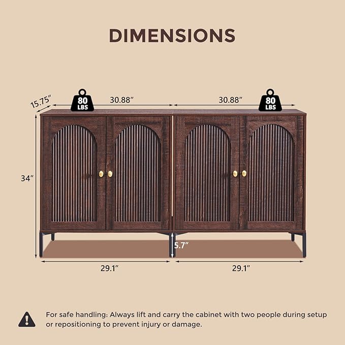 IFGET Modern Buffet Cabinet with Storage, 123.5" W Fluted Arched Sideboard Cabinet w/Adjustable Shelves, Wooden Modular Coffee Bar for Dining Room, Kitchen, Living Room, Entryway, Brown