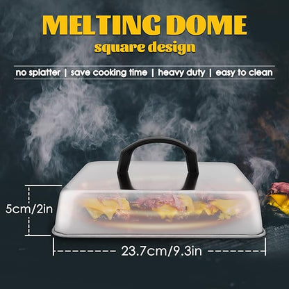HaSteeL Square Cheese Melting Dome, Stainless Steel 9⅓ x 9⅓ x 2 Inch Steaming Basting Cover, Heavy Duty Griddle Grill Accessories for Flat Top Teppanyaki Cast Iron BBQ Outdoor Kitchen Cooking, 2 Packs