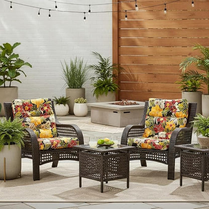 Outdoor Tufted High-Back Chair Cushions, One-Piece Hinged Seat and Back Design, Reversible with 4 Ties, Durable Polyester Fabric, Recycled Fiber Fill - Set of 2, Aloha Black Floral