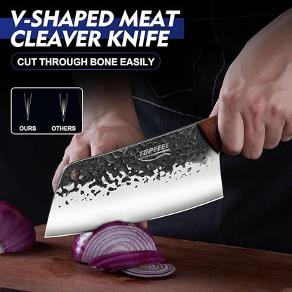Topfeel 8PCS Chef Butcher Fish Knife Set for Meat Cutting with Roll Bag, Hand Forged Meat Cleaver Knife Boning Carving Knife Set for Home、Camping、BBQ