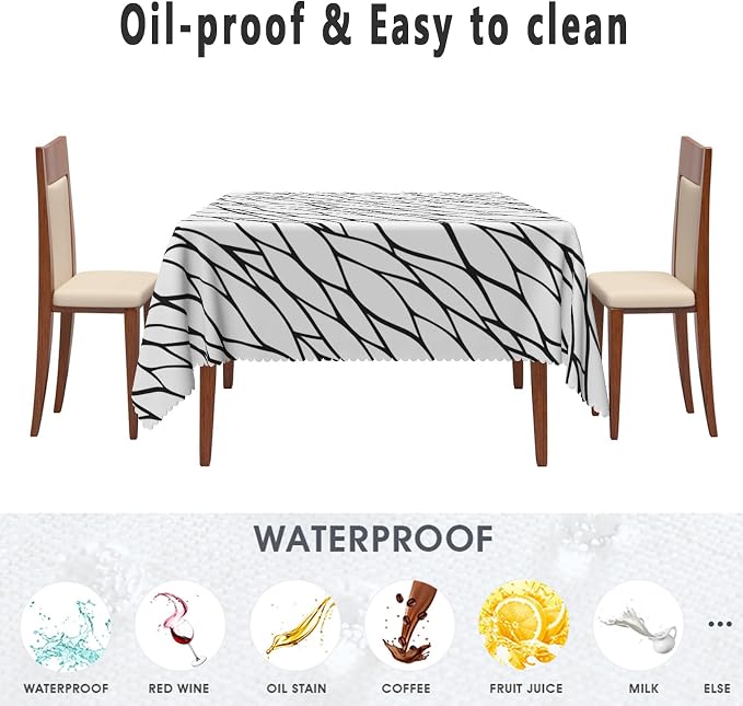Black and White Geometric Waterproof Square Tablecloth 60x60 Inch Abstract Irregular Stripes Square Tablecloths Dining Table Cloth Buffet Parties Patio Camping Chic Decor for Home Kitchen