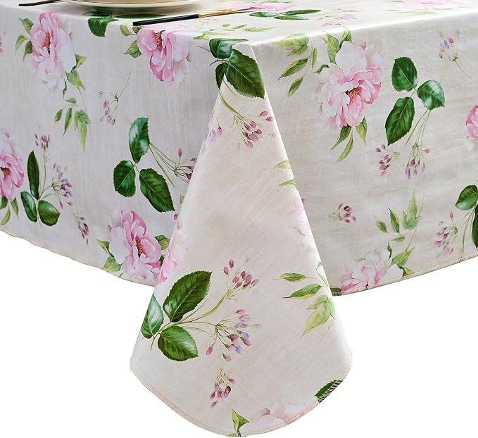 LIBERECOO Reinforced Vinyl Tablecloth with Flannel Backing Waterproof Oil-Proof Floral Plastic Table Cloth Stain-Resistant Wipeable Table Cover Not Stiff