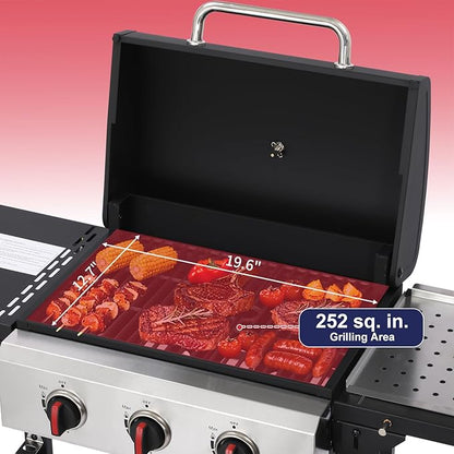 3-Burner Propane Gas Grill with Cast Iron Grate, 30,000 BTU Output & 252 Sq. Inch Cooking Space, Easy-Clean System & Foldable Side Tables for Outdoor BBQ (3-Burner)