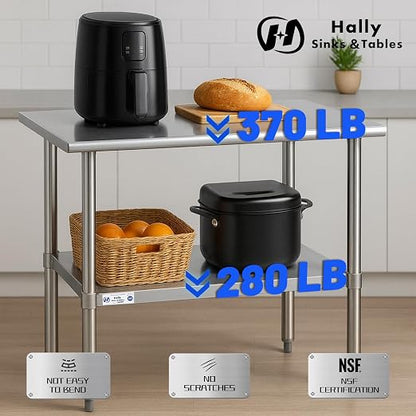 Hally Stainless Steel Table 18 x 36 Inches, NSF Commercial Restaurant Table | Slim, sturdy surface for cafes, hotels and food trucks; adjustable undershelf, leveling feet, kitchen workstation.