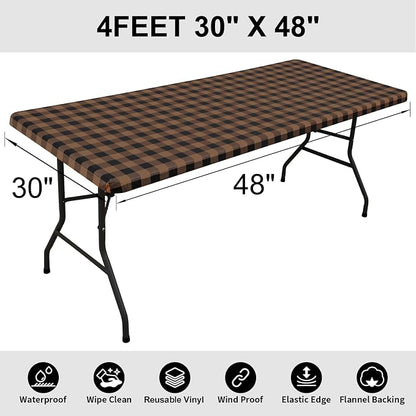 Smiry Rectangle Picnic Table Cloth, Elastic Waterproof Fitted Vinyl Tablecloths, Flannel Backed Buffalo Plaid Table Covers for Dining, Camping, Outdoor (Black and Brown, 30" x 48")