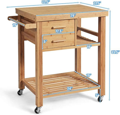 Giantex Kitchen Island, Bamboo Island Cart, Kitchen Trolley Cart on Wheels, Rolling Kitchen Cart, 2 Drawers, Towel Rack, Casters with Lock (Natural)