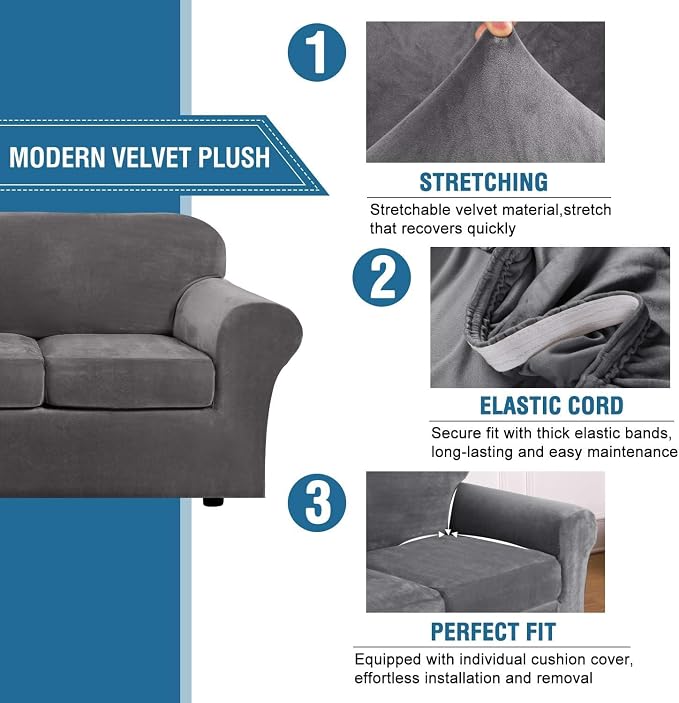 H.VERSAILTEX High Stretch Sofa Slipcover 4 Piece Cover Velvet Furniture Protector Form Fit Thick Velvet Extra Large Sofa Cover for 3 Cushion Couch Width Up to 97 Inch (Large Sofa, Grey)