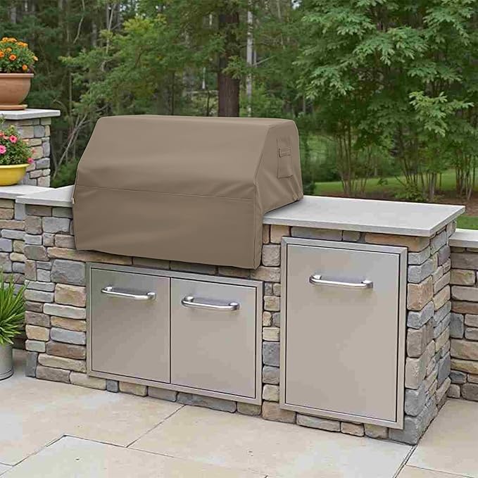 Covers & All Built-in Grill Cover for Outdoor Grill – Heavy Duty 12 oz Waterproof Built-in BBQ Grill Cover, PVC-Coated Polyester with Elastic Hem for Snug Fit (38 x 28 x 24 inches, Beige)