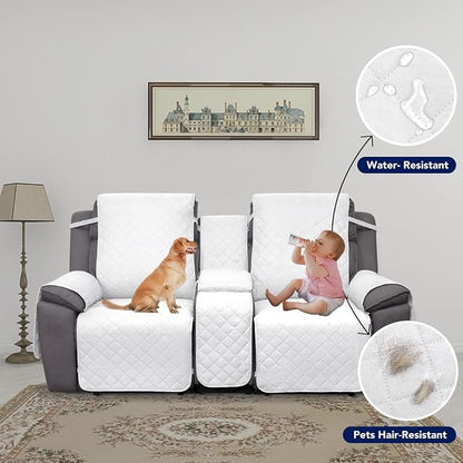 PureFit Water Resistant Reversible Loveseat Recliner Cover for Double | Double with Console, Non Slip Split Sofa Cover, Washable Reclining Cover, White/White