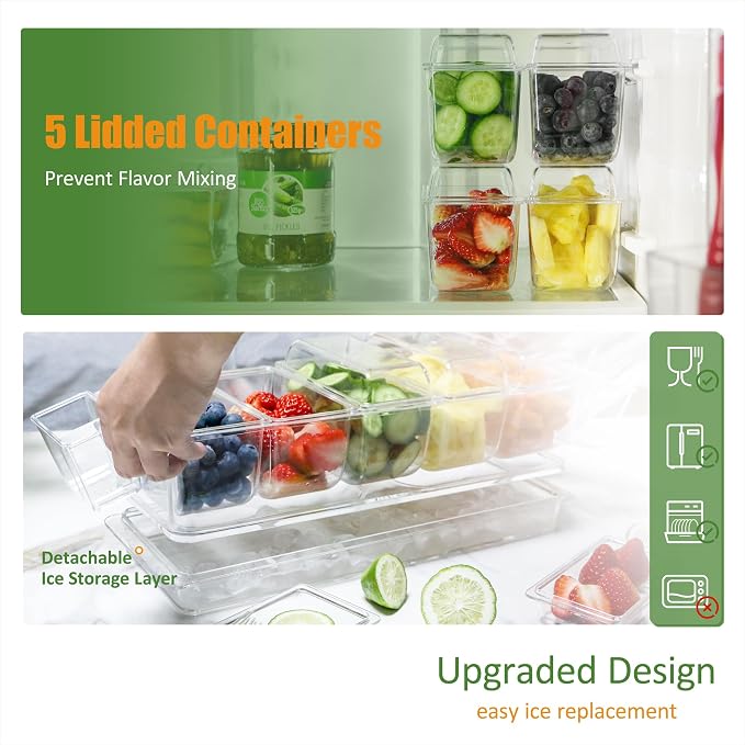 Chilled Condiment Server, Taco Bar Serving Set, Mimosa Bar Supplies, with 5 Lidded Containers and Detachable Ice Storage Layer, 2 Hanging Cups for Storing Tong or Forks