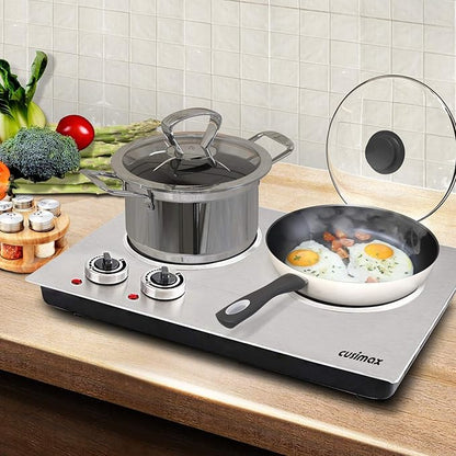 CUSIMAX 1800W Ceramic Electric Hot Plate for Cooking, Double Burner, Silver | Dual Control Infrared Cooktop, Portable Countertop Burner, Glass Plate Electric Cooktop, Stainless Steel